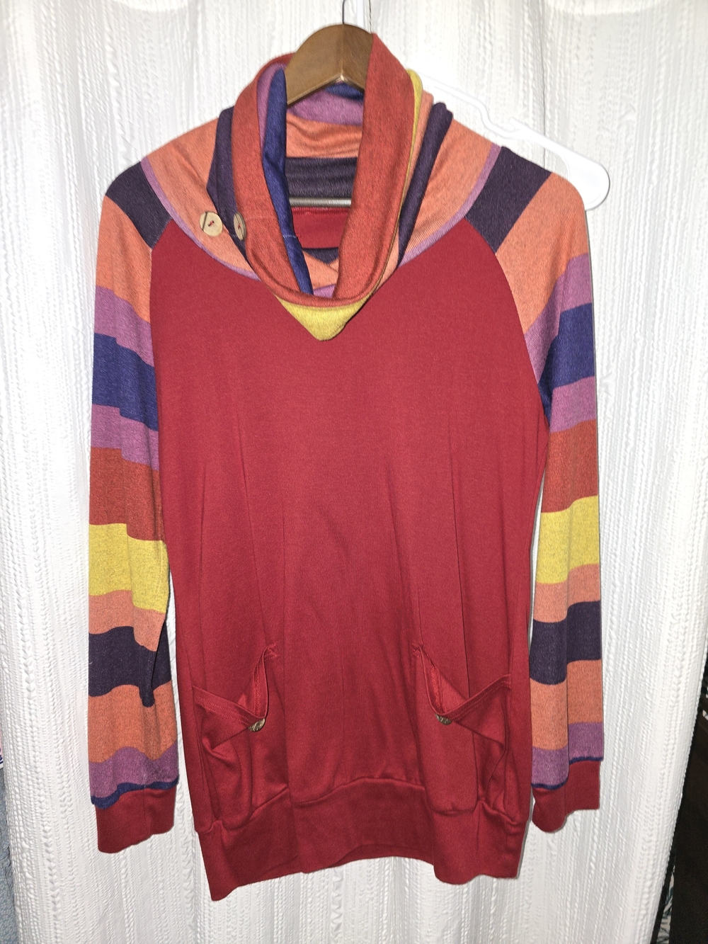 Cozy Red Cowl-Neck Sweater with Multicolor Stripe Sleeves Size M